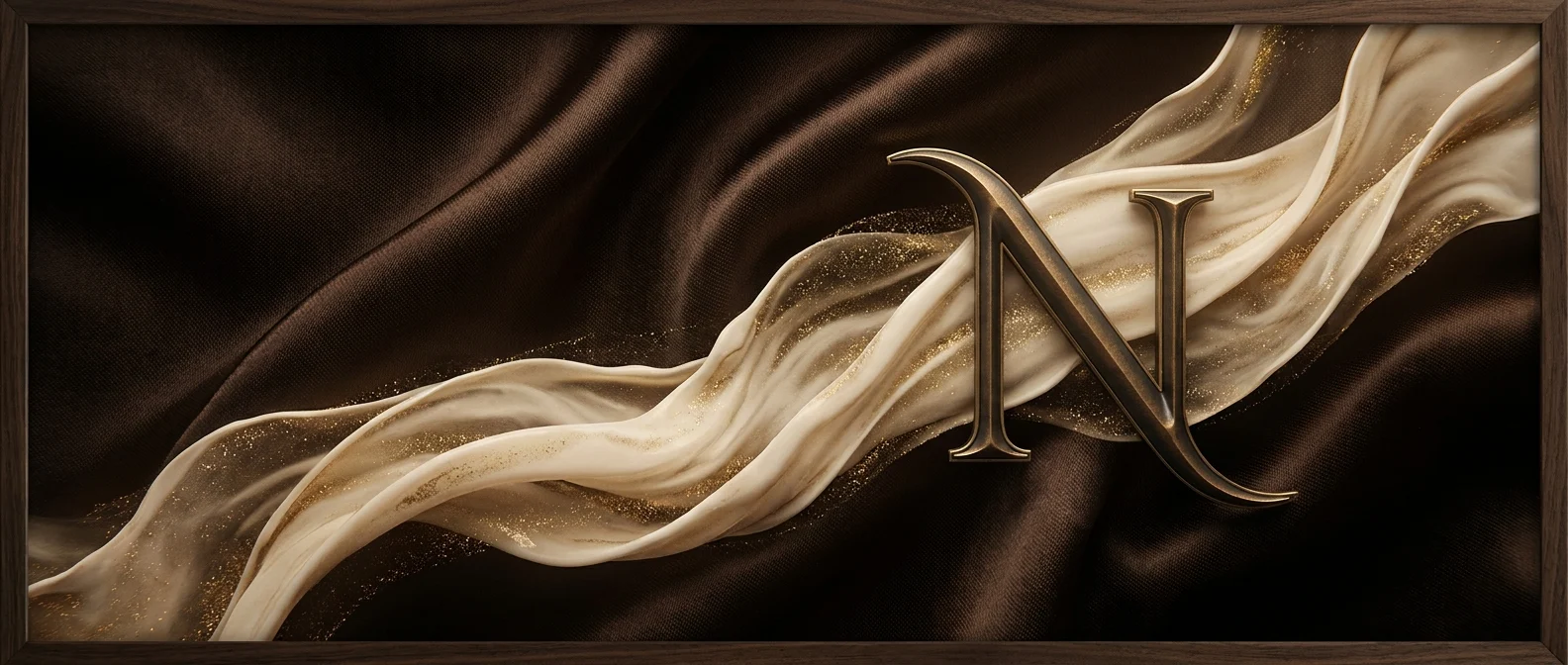 A framed artwork displays a golden 'N' over textured fabrics, representing Nia Kessler as Coordinator.